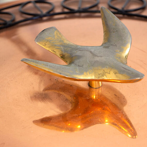 Gold plated cast bronze dove. Spun copper top and basin. Black painted steel wire and rod base and adornment. Design motif by daughter, Olga Sankey. 93cmH x 56cmW x 56cmD
