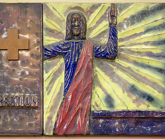 Beaten copper over a steel frame with black oxide patina, polished highlights and coloured and gold enamel - lacquered. Small wooden cross. 61cmH x 127cmW x 6cmD