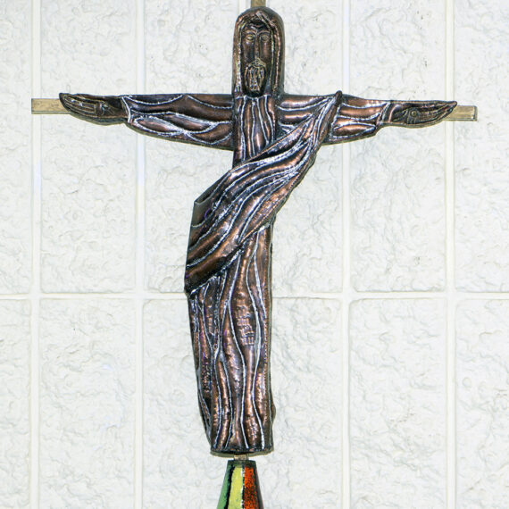 Figure - Beaten copper with black oxide patina, polished highlights - lacquered. Cross - square brass tube - lacquered. Pole copper tube with beaten copper and coloured enamel details. 188cmH x 40cmW x 5cmD
