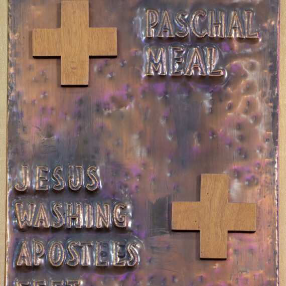 Beaten copper over a steel frame with black oxide patina, polished highlights - lacquered. Small wooden cross. 61cmH x 46cmW x 6cmD